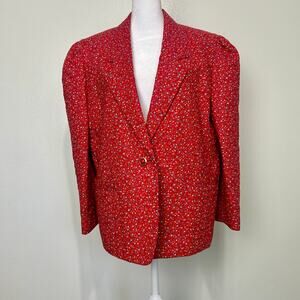 Vintage Red Floral Blazer Puff Sleeve 80s 90s Womens XL Jacket Button Lined
